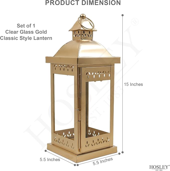 Hosley 15 Inch High Large Clear Glass Iron Classic Style Lantern Gold. Ideal Gift for Parties Weddings Aromatherapy and LED Spa Settings 05
