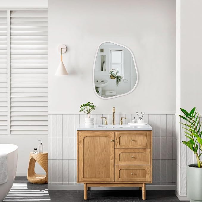 Asymmetrical Mirror Irregular Oval Wall Mirror Modern Wood Frame Unique Shape Wall Mounted Vanity Artistic Mirror Decorative for Living Room Bedroom Bathroom Entryway 16"x12"