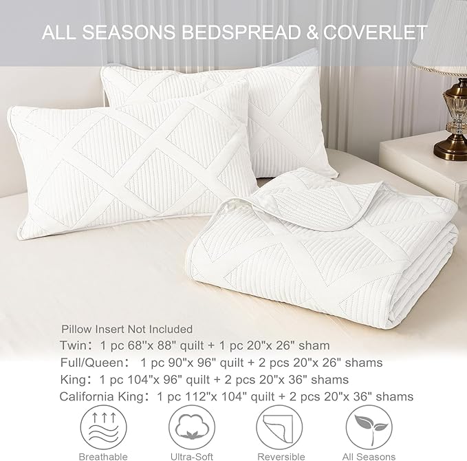 Exclusivo Mezcla California King Size Quilt, White | Soft Bedspreads with 2 Pillow Shams, Modern Striped Pattern, Lightweight Bedding Set Coverlets for All Seasons, 112x104 Inch