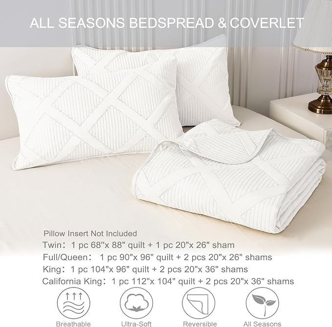 Exclusivo Mezcla Quilts Queen Size, White | Soft Bedspreads with 2 Pillow Shams, Modern Striped Pattern, Lightweight Bedding Set Coverlets for All Seasons, 90x96 Inch