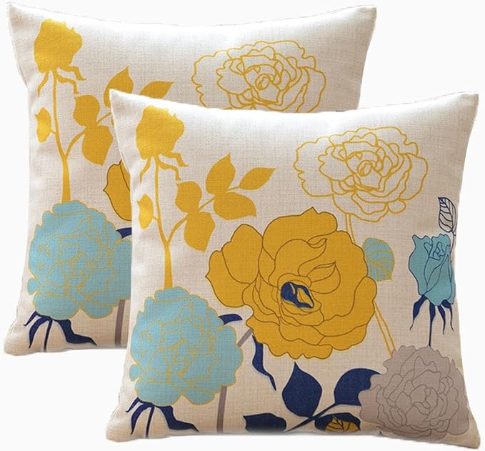 Blue Yellow Floral Pillow Covers 18x18 Set of 2 Thick Cotton Linen | Durable Thick Cotton Linen Material, Soft Breathable Floral Decor, Suitable For Spring Summer Couch Bed & Outdoor Patio Porch
