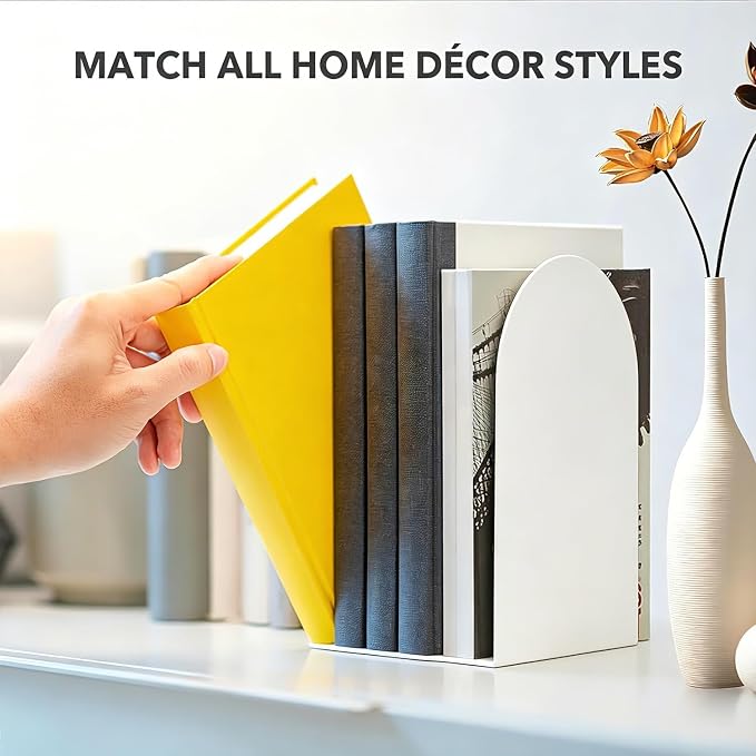 8 Pcs Metal Bookends - Book Ends for Shelves, White
