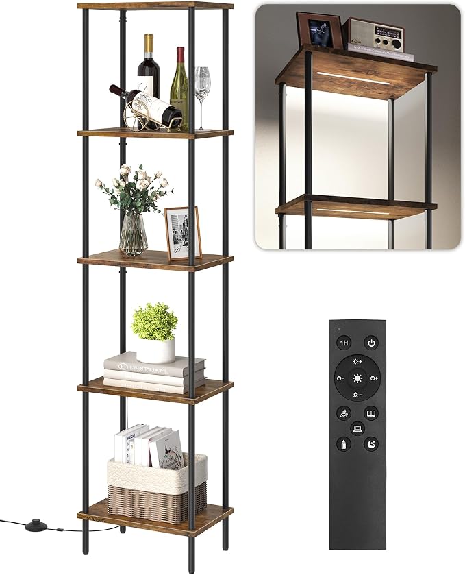 Display Shelf with Light, 5-Tier Modern Shelf Lamp, Corner Floor Lamp with Shelves, Dimmable LED Floor Lamp for Living Room with Remote, 3CCT, Timer, Wooden Corner Shelf Lamp, F52LD05