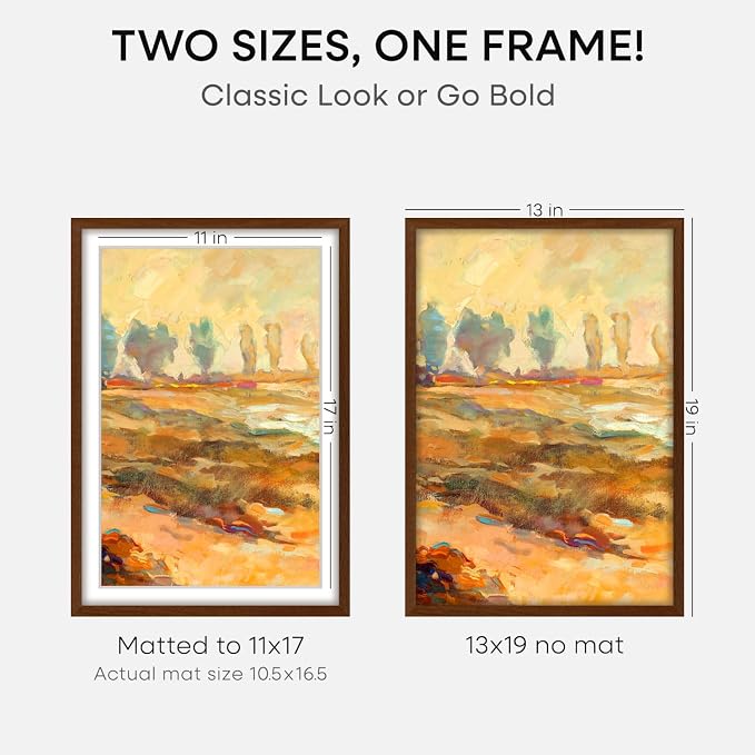 Homeforia 13x19 Brown Oak Picture Frame, High-End Wood, 11x17 Mat, Glass