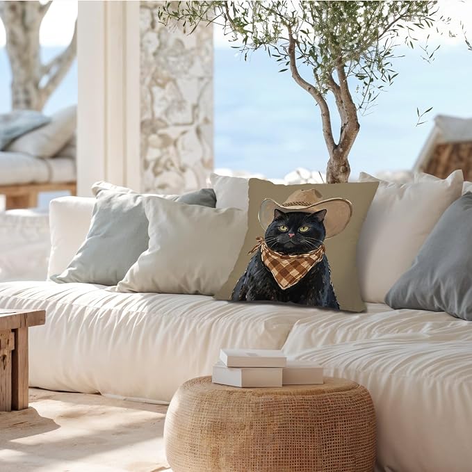 Vintage Western Cowboy Black Cat Pillow Covers 18x18, Black Cat Gifts, Rustic Country Western Cowboy Kitten Decorative Throw Pillow Covers Pillowcases for Home Bedroom Living Room Decor