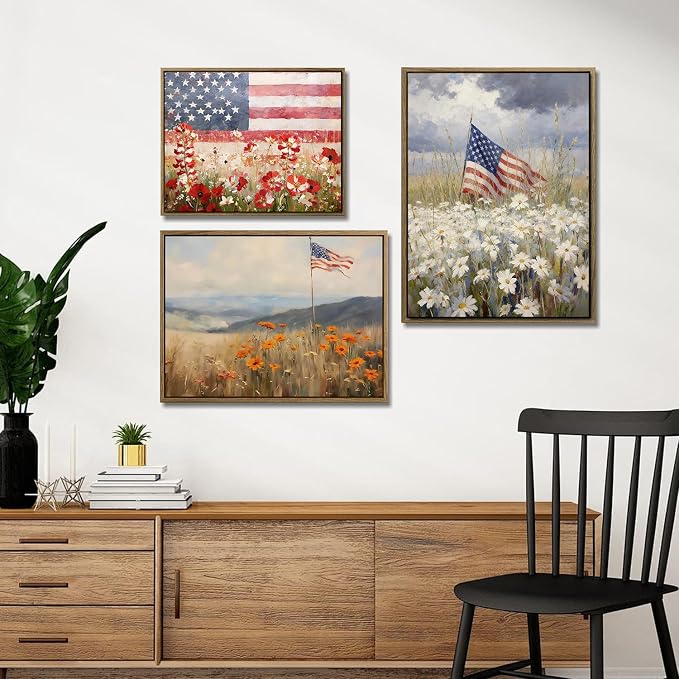 American Flag Framed Canvas Wall Art, 4th of July Patriotic Canvas Prints | Wildflower Meadow Landscape Poster Print, Vintage Rustic Independence Day Wall Decor for Bedroom Living Room 24×32in