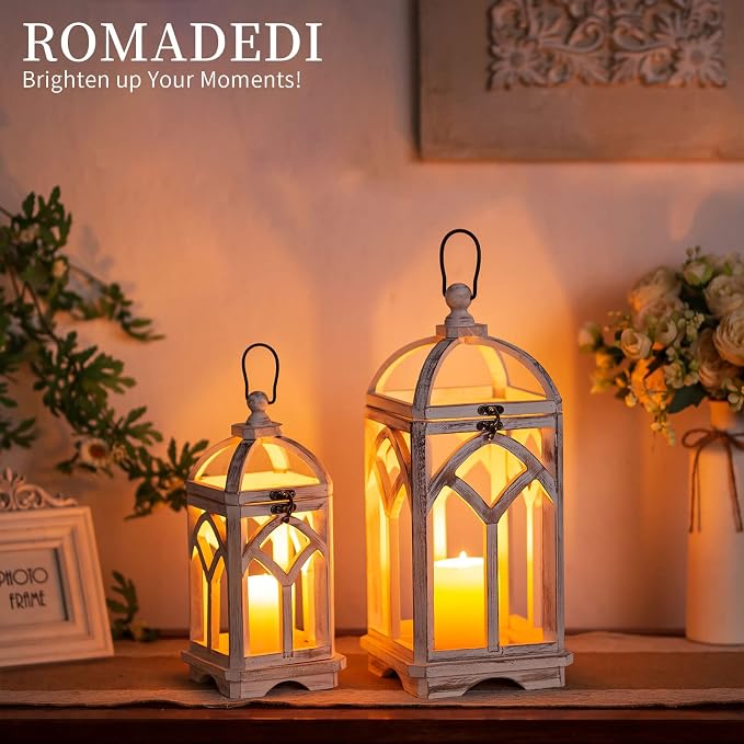 Romadedi Set of 2 Farmhouse Wood Candle Lanterns Decorative, Whitewashed | 12" and 16" Tall Rustic Lantern; Painted by Hand with Distressed White Finish; Indoor/Outdoor Use for Mantel, Table, or Patio