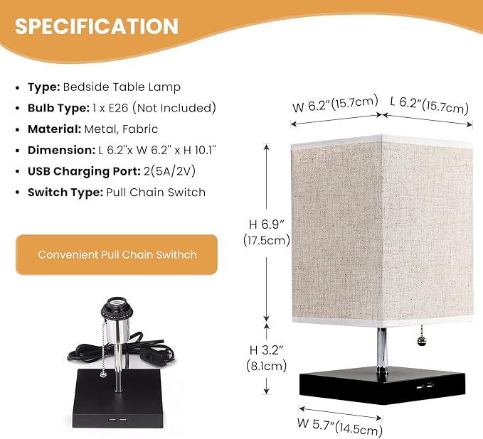 Siljoy Modern Desk Lamp with Pull Chain Switch, Bedside Table Lamp with 2 USB Charging Ports, Nightstand Lamp with Beige Fabric Lampshade & Black Wooden Base for Bedroom, Living Room, Office