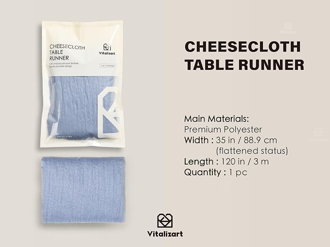 Vitalizart Cheesecloth Table Runner Blue 10ft Gauze Boho Rustic | 120 Inches Long Soft Durable Cheese Cloth Table Runner for Wedding Baby Shower Fall Thanskgiving Decoration