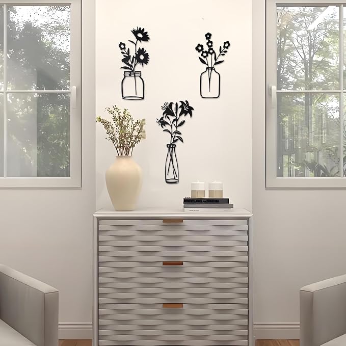 QZGXDECO Black Metal Flower Wall Decor,Metal Vase Wall Art,Minimalist Floral Wall Sculptures,Hanging Decor for Kitchen Dining Room Living Room Bathroom Bedroom(11.5'' X 3PCS)