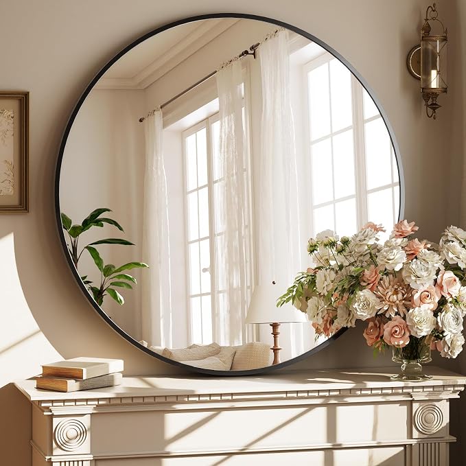 XRAMFY 42 Inch Round Black Metal Wall Mirror, Circle Mirror for Entryway | Stylish Circle Mirror for Bathroom, and Living Room Decor Matte Black Circle Wall Mirror
