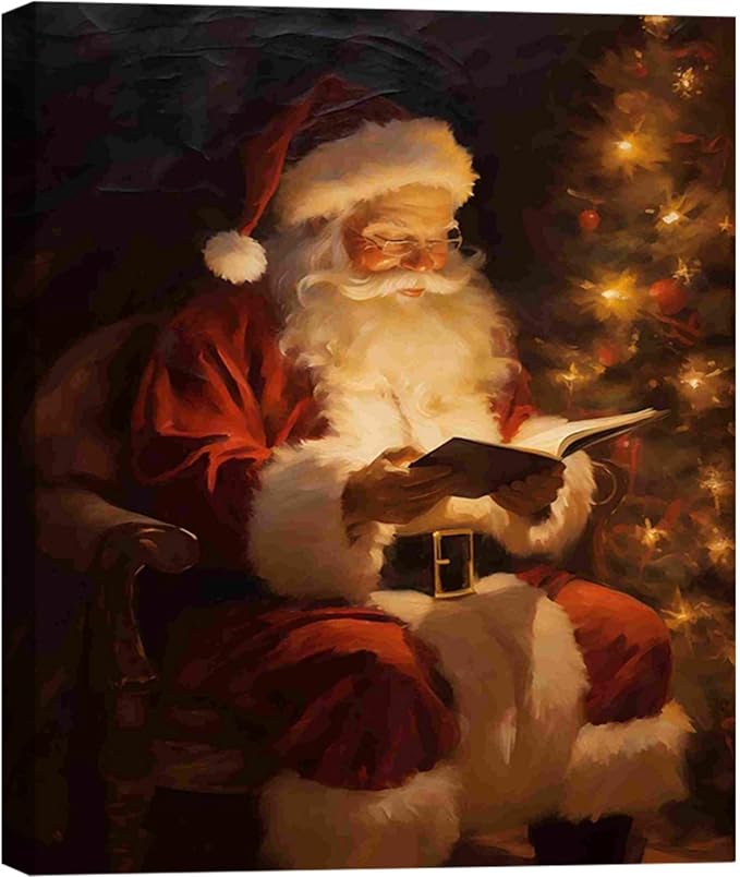 Santa Reading Book Christmas Wall Art 16x24in, Vintage Framed Canvas Prints Posters for Home Decor, Rustic Winter Painting for Christmas Wall Decor, Holiday Decoration Gifts for Bedroom