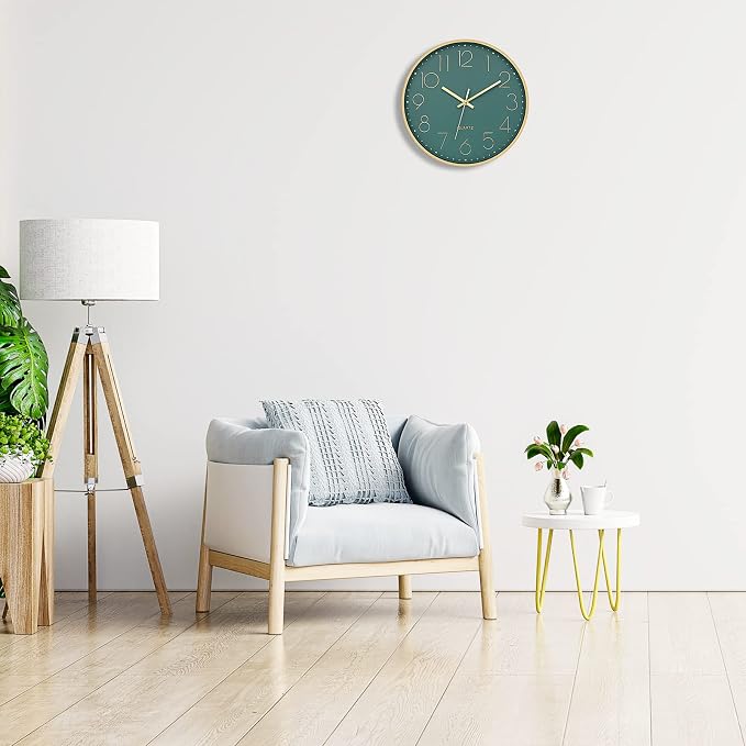 Foxtop 12" Modern Wall Clock Silent Battery Operated Metal Gold Clock | Dark Green Dial, Non-Ticking, Round, Analog Clock, Quartz, Easy to Read, Living Room, Bedroom, Kitchen, Office