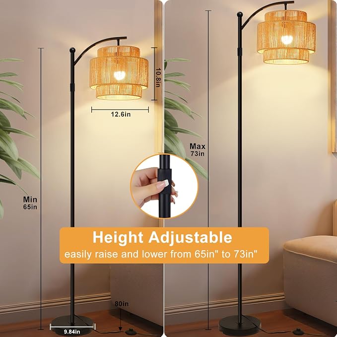 Vinaco Rattan Boho Floor Lamp, 3 Color Temperatures Remote & Foot Switch