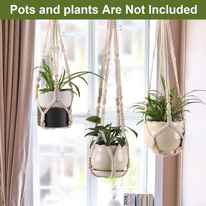 Macrame Plant Hangers with Beads for Indoor and Outdoor, 3 Pack