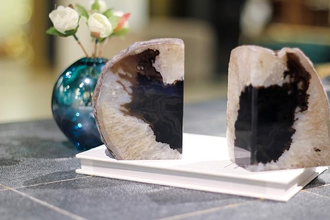 JIC Gem Black Agate Geode Bookends Heavy Duty Book Stoppers Anti-Slip6-8lbs | Brazilian large Heavy Duty Crystal Book Stoppers with Rubber Bumpers Book Supports Book Holders for Home Desktop Decor