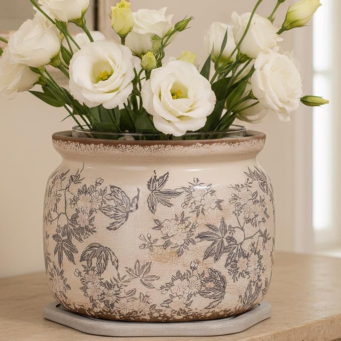 Farmhouse Ceramic Plant Pots with Decorative Saucer, Gifts for Plant Lovers | 7.7" Large Grey Flower Pot for Indoor Plants, Handmade Rustic Ice Crackle Planter, Vintage Antique Home Decor, Gardening Gift