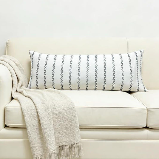 Slow Cow Linen Embroidery Rectangular Throw Pillow Cover Stripe Lumbar Cushion Cover for Couch Sofa 12 x 33 Inches Grey
