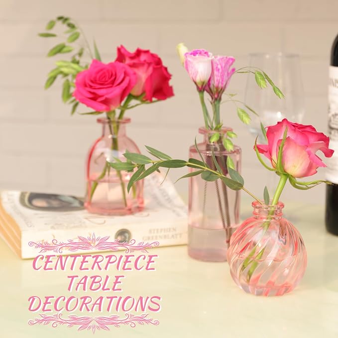 Pink Glass Bud Vases in Bulk 24 Pink Vase Small Vases for Decor | Modern Ribbed Glass Bud Vase for Wedding Flower Vase Bulks Vintage Decor Bridal Shower Centerpieces Home Table Decoration