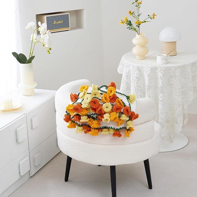Crochet Flower Bouquet Throw Blanket, Handmade Knitted Blanket with Flowers, Cute Romantic Gift for Her Girlfriend Mom Mother’s Day Valentine Wedding Anniversary Birthday, Orange 60 Inches