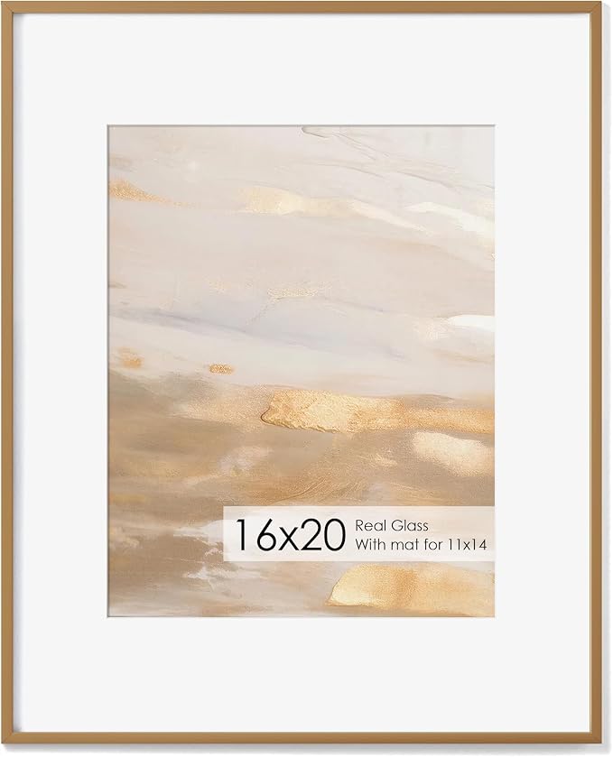 Fun Memories 16x20 Metal Picture Frame with 11x14 Mat, Brushed Aluminum Finish, Tempered Glass Front, and Attached Hanging Hardware(Bronze, Pack of 1)