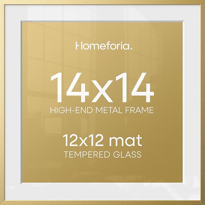 Homeforia 14x14 Gold Picture Frame, High-End Metal, 12x12 Mat, Glass