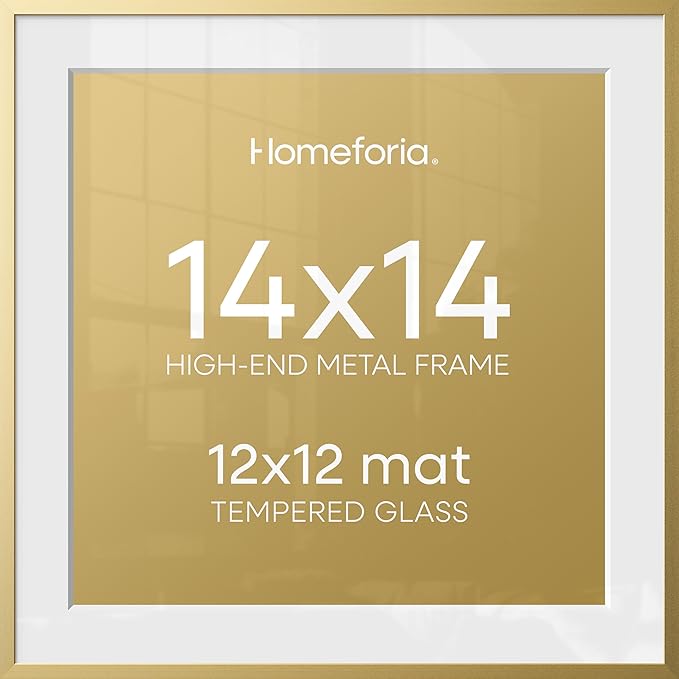 Homeforia 14x14 Gold Picture Frame, High-End Metal, 12x12 Mat, Glass