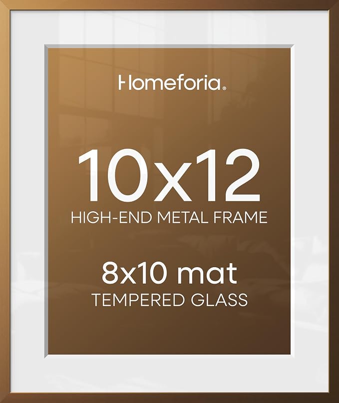 Homeforia 10x12 Bronze Picture Frame, High-End Metal, 8x10 Mat, Glass