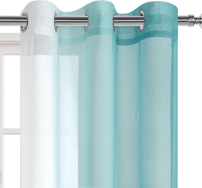 DWCN Ombre Sheer Curtains - Faux Linen Semi Voile Gradient Grommet Top Girl's Bedroom and Living Room Drapes, Set of 2 Window Curtain Panels, 42 x 63 Inch Length, Teal