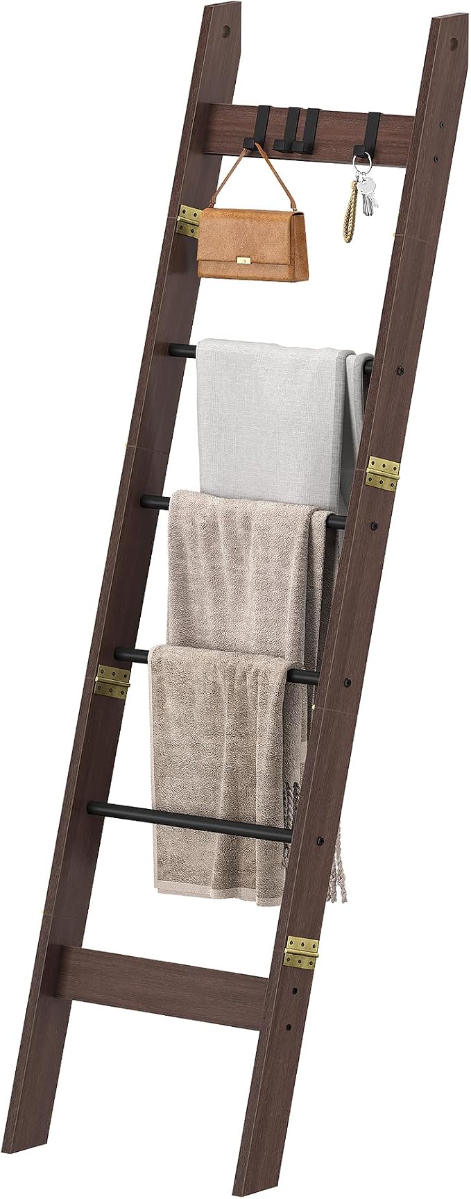 Hzuaneri Blanket Ladder Decorative Quilt Rack with 4 Removable Hooks | 6-Tier Farmhouse Ladder Holder Shelf Organizer for Living Room Bedroom, Black Tea Brown and Black BR31520B