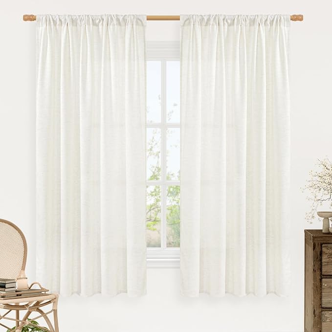 Natural Linen 63 Inch Length Curtains for Living Room, 2 Panels | Light Filtering, Semi Sheer, Linen Textured, Privacy Protected, Curtains for Bedroom, Farmhouse, Rod Pocket, 52 x 63 Inch