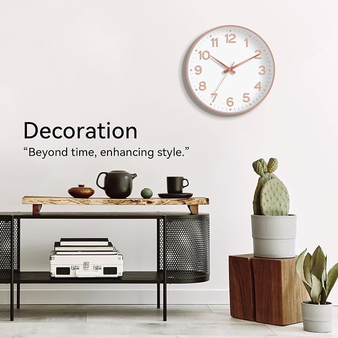 Roymnie 8 Inch Wall Clock, Battery Operated Silent Non Ticking Analog | White Rose Gold modern analog; large 3D easy-read dial for kitchen, office, bathroom & bedroom; 1 AA battery (not included)