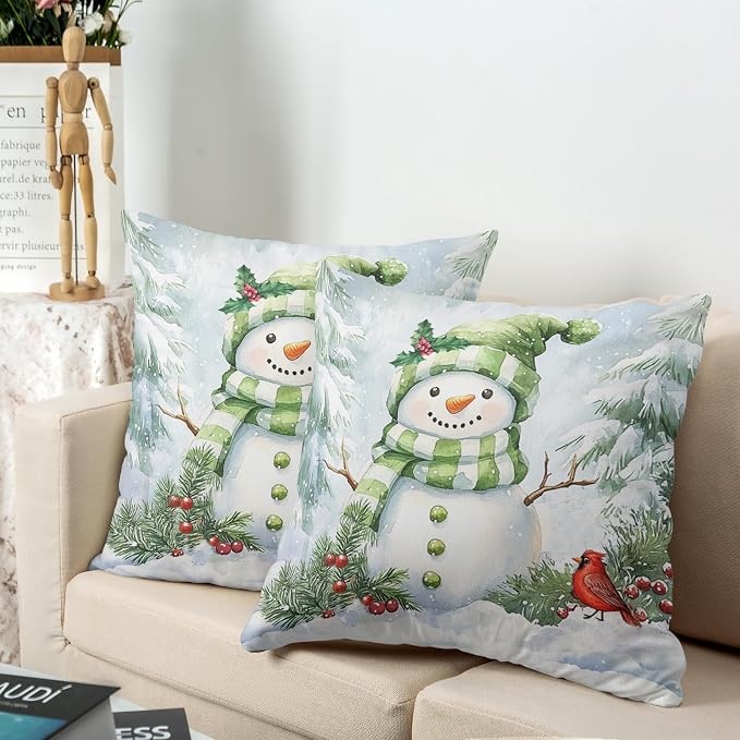 Set of 2 Winter Pillow Covers 24x24 Green Snowman Pine Tree Holly Berry Cardinal Bird Throw Pillow Covers Holiday Pillow Case for Home Decor Couch Sofa