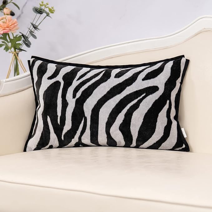 Yangest Black Rectangle Pillow Cover Cut Velvet Zebra Print Cushion Cover Luxury Modern Pillowcover for Couch Living Room Bedroom,12x20 Inch