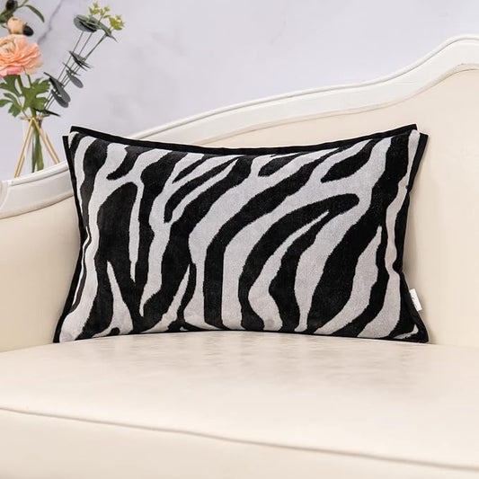 Yangest Black Rectangle Pillow Cover Cut Velvet Zebra Print Cushion Cover Luxury Modern Pillowcover for Couch Living Room Bedroom,12x20 Inch
