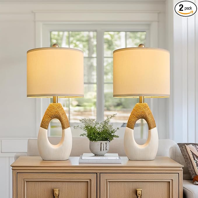 OYEARS 22” Boho Table Lamps for Bedroom Living Room Upgraded Set of 2 Medium Farmhouse Rattan Table Lamps, Rustic Home Decoration Nightstand Bedside Lamp for Office (Not Include Bulbs)