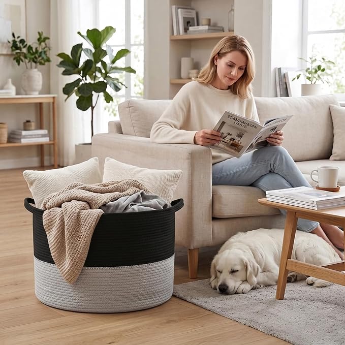 90L Large Blanket Basket,Woven Laundry Basket-Black&Light Grey | Collapsible, reinforced handles, nursery storage bin organizes clothes, toys and pillows for living room, bedroom bathroom