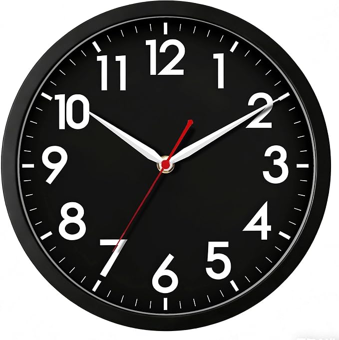 AKCISOT 10 Inch Wall Clock, Silent Battery Operated Analog Clock, Black | Classroom | Kitchen | Office | Easy to Read Numbers | Garage