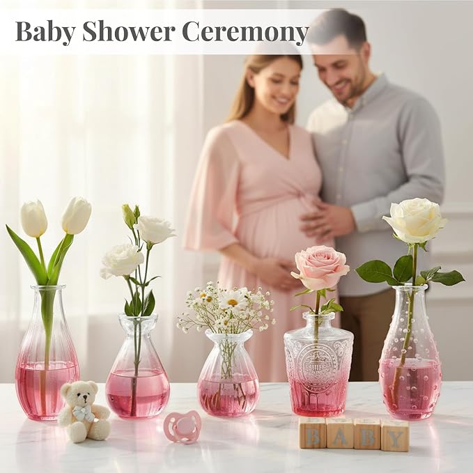BEAHOT Bud Vase in Bulk - Flower Vases for Wedding Decorations, Glass Vase for Table Decorations, Small Vase for Home, Mother's Day, Centerpieces, Party, Office (32pack,Pink Gradient)