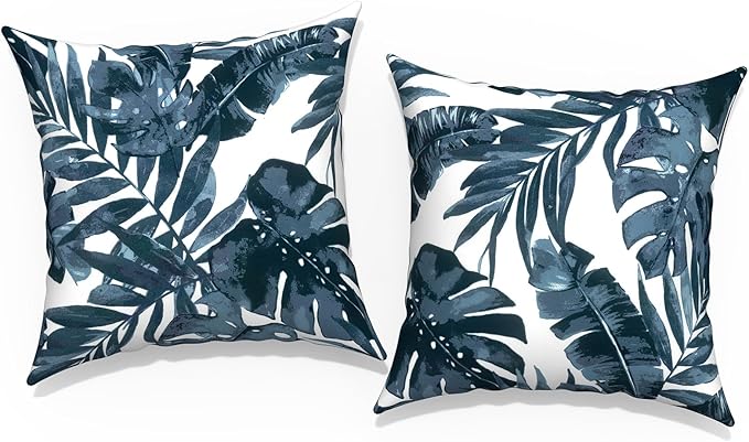 Outdoor Throw Pillow Covers 18”x18”, Decorative Pillow Covers for Patio Furniture, Modern Cushion Cases for Garden Couch Home Sofa Bed Office Chair, Pack of 2, Palm Blue