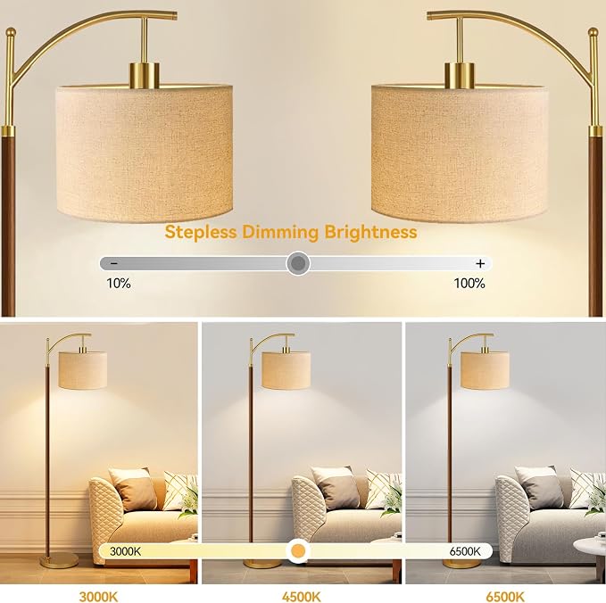 ILLMTW Wood Floor Lamp for Living Room,Bedroom,Vintage Mid Century Modern Standing Lamp with Remote Dimmable,Arc Boho Gold Tall Lamp Fabric Lamp Shade Floor Lights Bohemian Tiffany Style