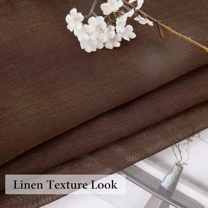 MIULEE Chocolate Brown Linen Textured Semi-Sheer Curtains 54W×96L 2 Panels | Semi Transparent, Farmhouse, Window Net Panels with Rod Pocket for Bedroom Living Room