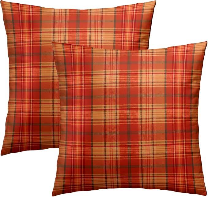 Fall Plaid Throw Pillow Covers 24x24inch Set of 2 Burnt Orange Buffalo Plaid Print Pillowcase Autumn Colored Tartan Thanksgiving Farmhouse Seasonal Decorative Cushion Cases for Home Sofa Patio