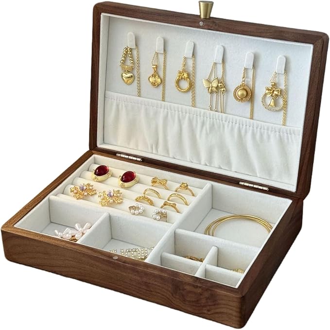 Bescott 1 Layer Solid Black Walnut Wooden Jewelry Box for Women Wood Vintage Organizer for Men Earrings Rings Necklaces Bracelet Watch Storage