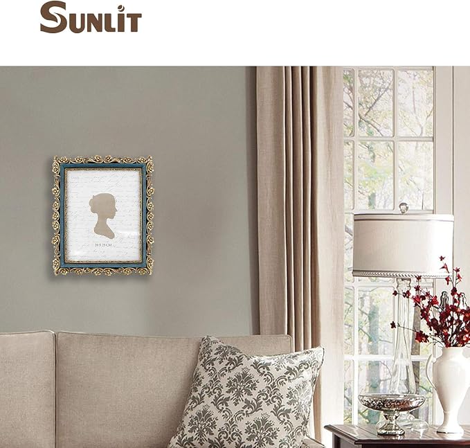 Sunlit Vintage Picture Frame 8x10 Inch, Luxury Antique Photo Frames with Glass Front, Photo Display, Tabletop Wall Hanging, Gift Ideas, Gold and Blue