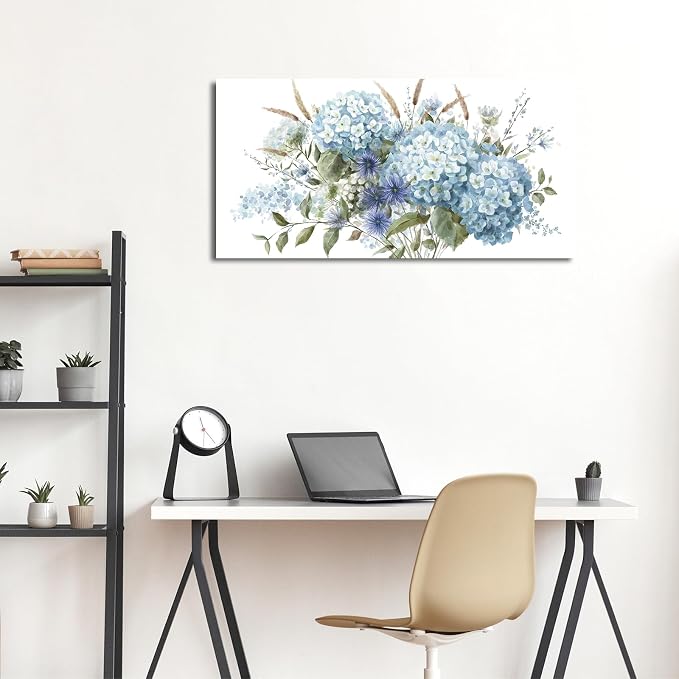 VEAEE Blue Hydrangea Botanical Canvas Prints Painting Abstract Artwork 20"x 40" Living Room Wall Decor