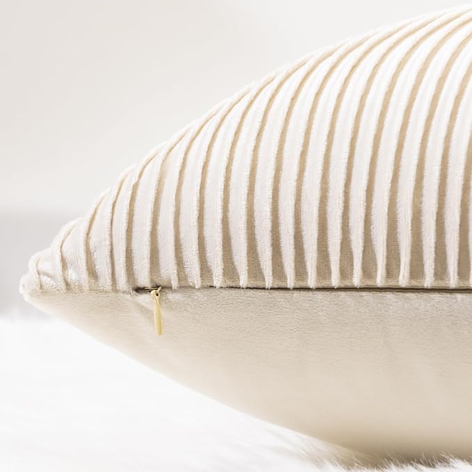 YCOLL Beige Pillow Covers 16x16 Set of 2 Velvet Striped Pattern - Soft Throw Pillows for Home Decor, Luxury Decorative Pillow Covers for Couch, Bed,Living Room
