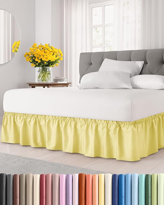Wrap Around Dust Ruffle Bed Skirt - College Dorm Room - Twin/Twin XL | Yellow, 15 Inch Drop, Elastic Strap & Adjustable Pleated Bedskirt, Wrinkle Free, for Women, Men, Students, Kids & Teens
