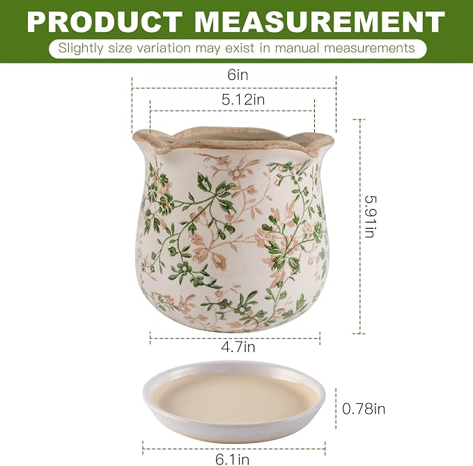 Ceramic-Planters-for-Indoor-Plants with Saucer, 6 inch Vintage Ice Crackle Glaze Plant Pots with Drainage Holes, Decorative Flower Pots for Outdoor Garden Home Decor, Tuscan Pot for Plant