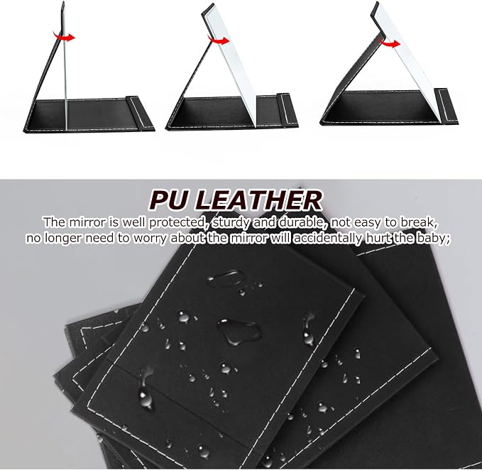 7x10 Inches Makeup Mirror, Portable PU Leather Folding Desktop Vanity Mirror with Adjustable Stand for Vanity Table, Office, Travel (L, Black)